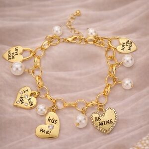 Gold Heart Charm Bracelet with Pearls